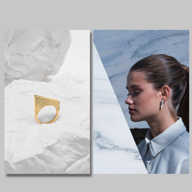 Anel Barbican, €185 e brincos Muralla, €110, Esquivel