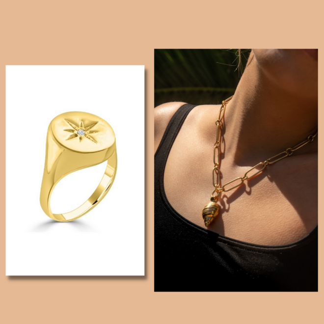 Anel Signet, €80 e colar Shelter, €155, HLC