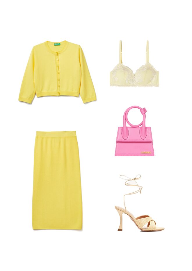 Look 1: Cardigan e saia em malha de algodão, €45,95 e €49,95, Benetton; Soutien Triângulo Tiziana Pretty Flower em renda de algodão, €29,90, Intimissimi; Carteira Le Chiquito Noeud Coiled em pele, €615, Jacquemus; Sandálias Diniz em juta, €275, Aquazzura