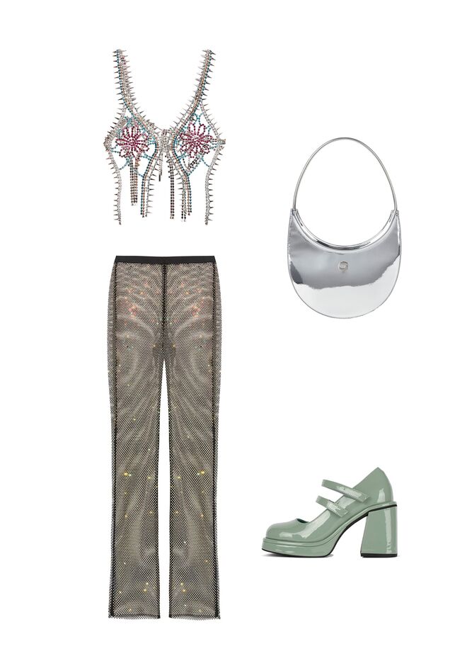 Look 4: Top soutien em cristais, €2,133, Area em Mytheresa.com; Calças em malha de rede com strass, €89,99, Mango; Carteira Ring Swipe em pele, 
€350, Coperni; Sapatos Scarpins Arlon, €120,74, Jeffrey Campbell