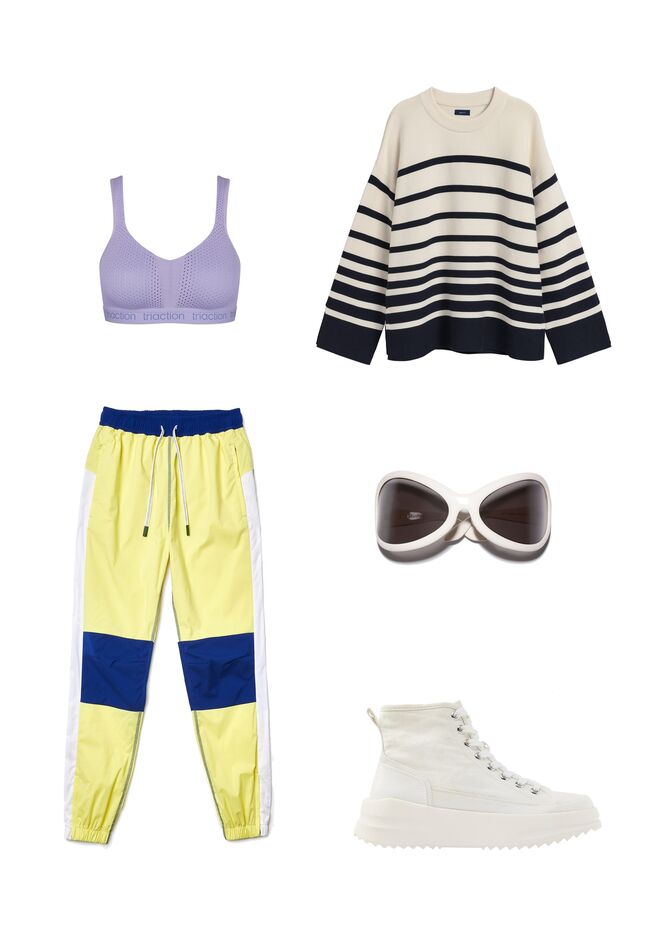 Look 2: Soutien Triaction Energy Lite em elastano, €42,99, Triumph; Calças em nylon e algodão, €130, Lacoste; Camisola em malha de algodão, €169, Gant; Óculos em acetato, €320, Acne Studios; Tenis Catwalk,€29,99, Deichmann
