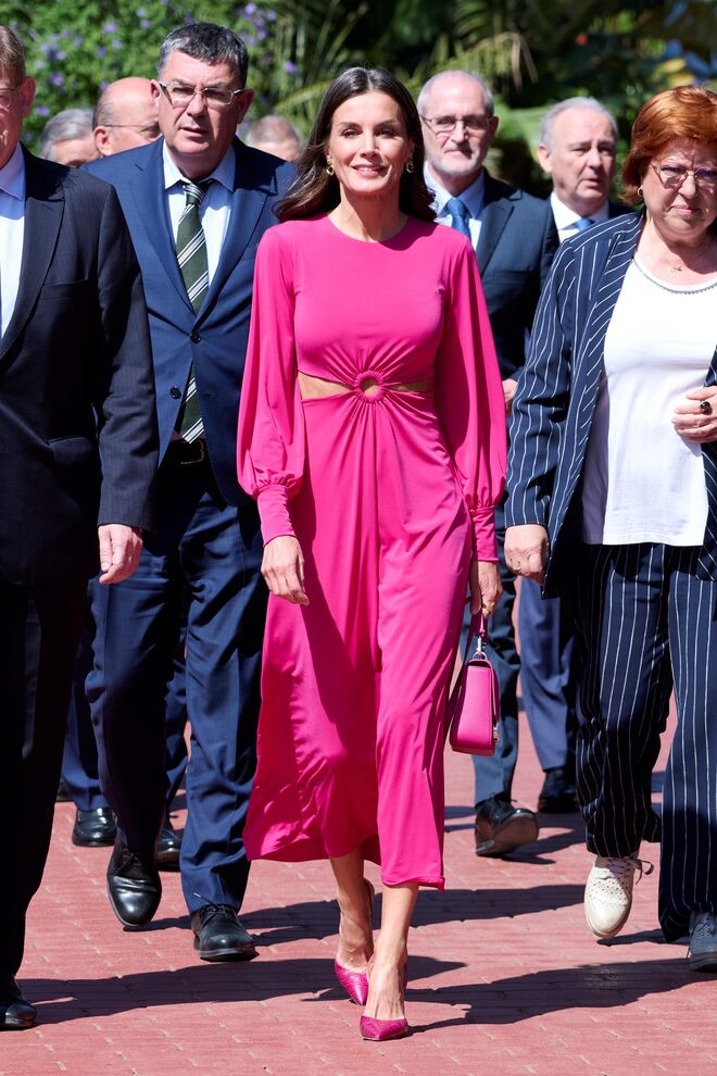 Para um evento da Cruz Vermelha, Letizia escolheu um vestido cor fuchsia com aberturas na zona da barriga, maio de 2022