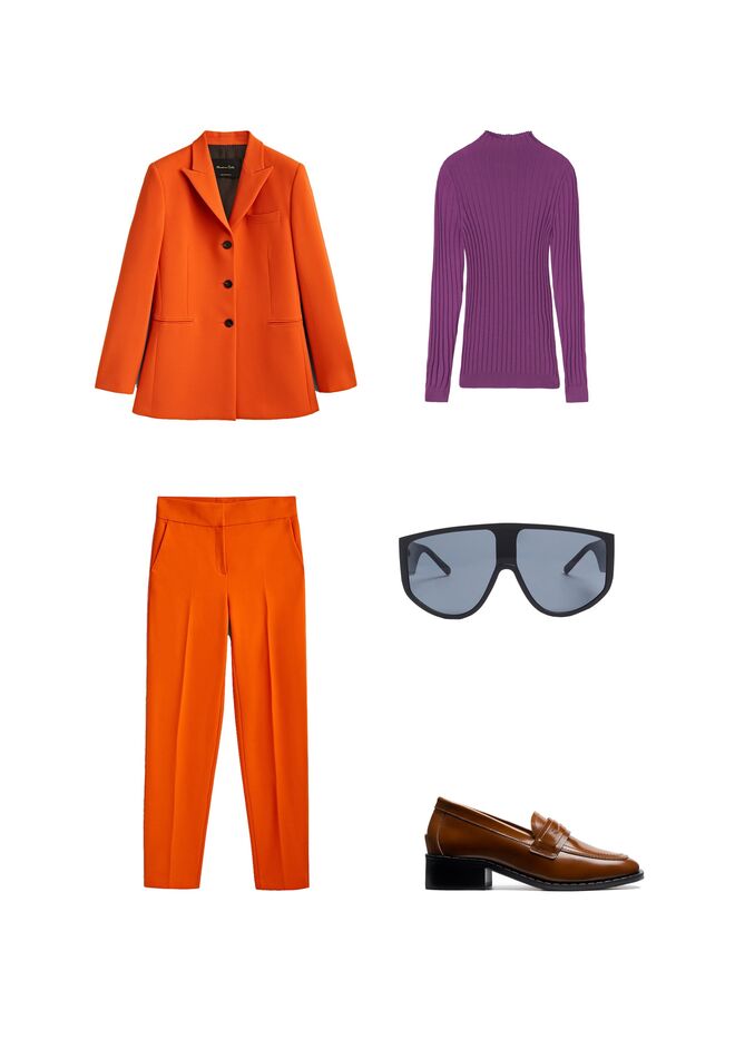 Casaco e calças em lã fria, €179 e €89,95, Massimo Dutti; Camisola em caxemira em ultrafine, €169, Falconeri; Óculos em massa, €15,99 Parfois; Loafers mid-heel em pele, €320, Lachoix