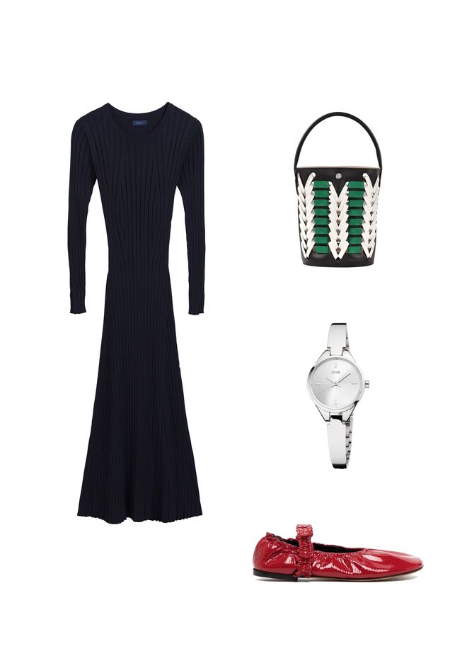 Vestido em modal, €200, Gant; Carteira Épure bucket em pele, €420, Longchamp; Relógio Smalltime em metal, €110, One; Bailarinas em pele, €1022, Proenza Schouler em Farfetch.com