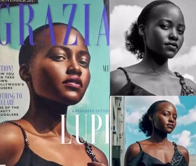 Lupita Nyong'o foi a capa da edição de novembro de 2017 da revista Grazia UK. Comparando com fotografias que a própria publicou nas redes sociais, vemos que a versão oficial está modificada - está a faltar o rabo de cavalo da atriz.