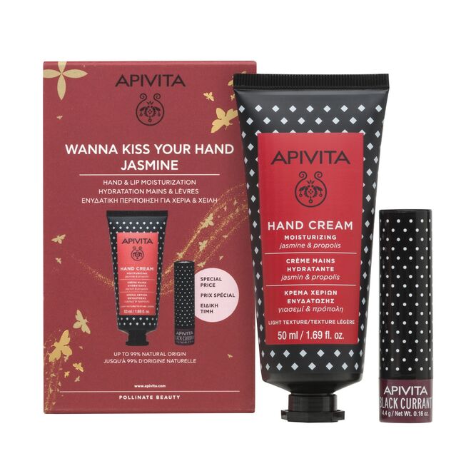 Coffret Wanna Kiss Your Hand Jasmin Creme de Mãos e Cuidado Labial, €8,90, Apivita.
