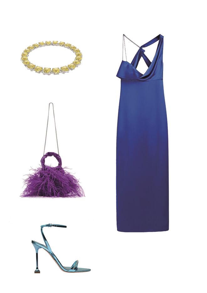Vestido em crepe de seda, €199, Massimo Dutti Studio; Sandálias em pele metalizadas, €970, Miu Miu; Carteira em plumas, €49,95, Zara; Gargantilha Harmonia lacada a ródio, €450, Swarovski. 