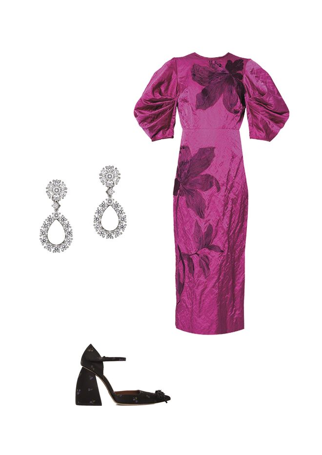 Vestido em seda, €2445, Erdem; Brincos L’Heure du Diamant em ouro branco com diamantes; Sapatos em cetim de seda, antes €865 agora €580, Sushu Tong em Ssense.com.