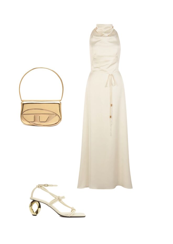 Vestido em crepe de seda, €840, Diogo Miranda; Carteira em pele metalizada, €425,Diesel; Sandálias em pele e metal, €650, JWAnderson. 