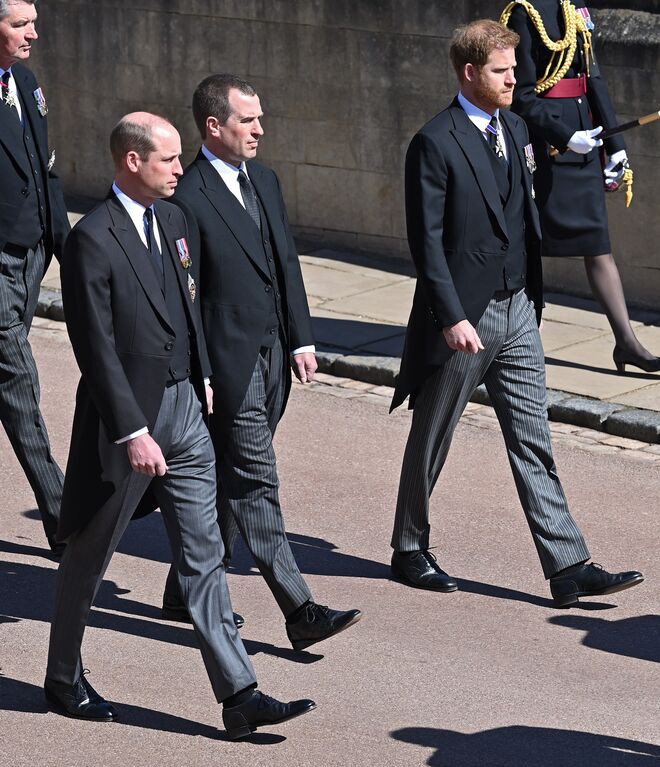 William e Harry no funeral do príncipe Philip, duque de Edimburgo, em 2021.