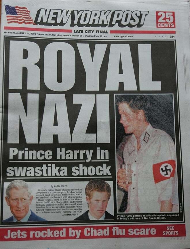 Capa do jornal The Sun com uma fotografia de Harry disfarçado de nazi