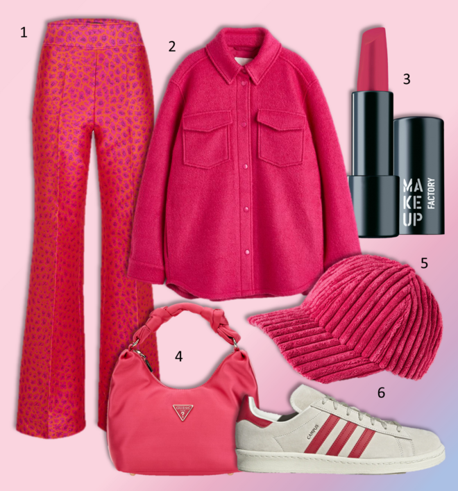 1.Calças, €121,50, Gonçalo Peixoto; 2. Camisa, €49,99, H&M; 3. Batom Magnetic Lips Nº 343, €11,97, Make Up Factory, na Perfumes & Companhia; 4. Carteira, €115, Guess; 5. Boné, €17,95, Benetton; 6. Ténis Campus 80, €110, Adidas.