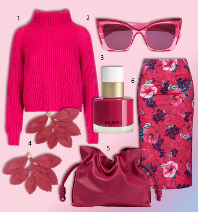 1. Camisola, €123,50, Anonyme Designers; 2. Óculos de sol, €275, Saint Laurent; 3. Verniz Les Mains Hermes Rose Magenta, €49, Hermès; 4. Brincos Ruber Folium Hot Magenta, €75, Joana Ribeiro; 5. Carteira Flamenco, €2110, Loewe; 6. Saia, €195, Pinko.