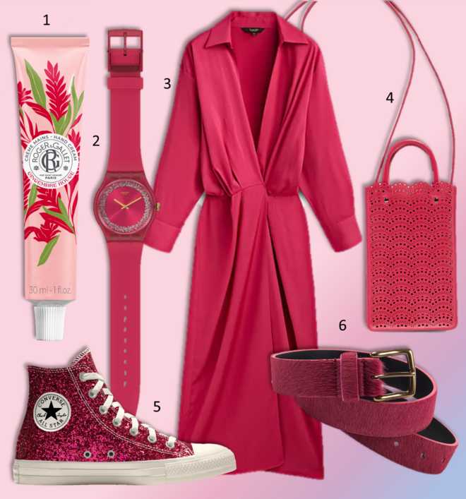 1. Creme de mãos Gingembre Rouge, €5,90, Roger & Gallet; 2. Relógio Ruby Rings, €90, Swatch Essentials; 3. Vestido, €89,95, Massimo Dutti; 4. Bolsa para telemóvel, €690, Alaïa; 5. Ténis Costum Chuck Taylor All Star Glitter by you, €100, Converse; 6. Cinto, €44,95, Zilian.