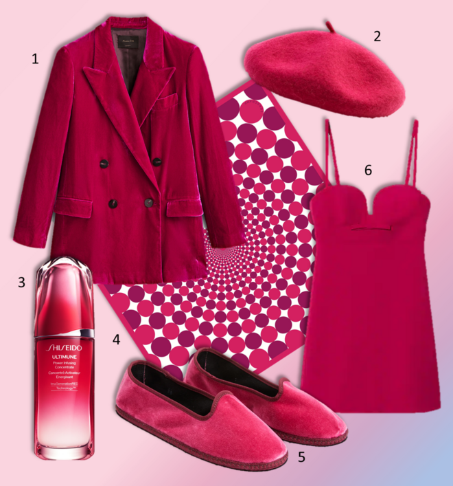 1. Blazer, €129, Massimo Dutti; 2. Boina, €15,95, Zara; 3. Ultimune Power Infusing Concentrate, 75ml, €149,81, Shiseido; 4. Lenço, €120, Longchamp; 5. Loafers Fandango, €78, Friuli; 6. Vestido, €35,99, Mango.