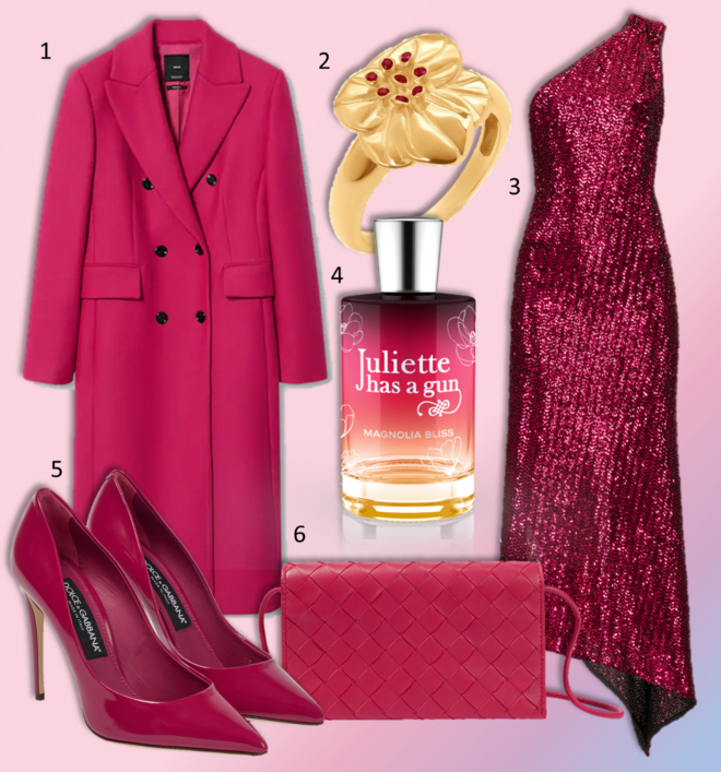 1. Sobretudo, €139,99, Mango; 2. Anel Prosperity, €69,90, Eugénio Campos; 3. Vestido, €326, Pinko; 4. Eau de parfum Magnolia Bliss, desde €85, Juliette Has a Gun, na Perfumes & Companhia; 5. Sapatos, €595, Dolce & Gabbana, em mytheresa.com; 6. Carteira Intrecciato, €1200, Bottega Veneta. 