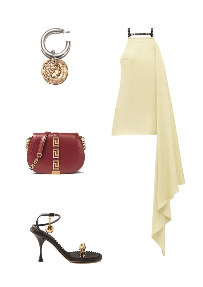 Vestido em seda, €890, Courrèges; Brincos em prata e aço, €160, Acne Studios; Carteira em pele com metal, €2400, Versace; Sandálias em pele com metal, €1,350, Bottega Veneta.