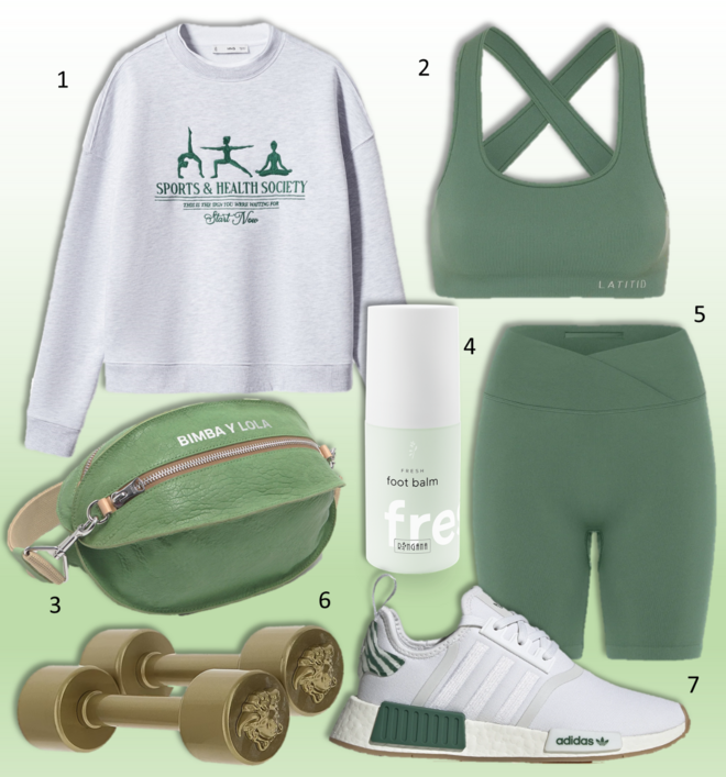 1. Sweatshirt, €29,99, Mango (exclusivo online); 2. Top Seamless C1, €45, Latitid; 3. Carteira, €295, Bimba Y Lola; 4. Bálsamo para pés, €24,30, Ringana; 5. Calções Seamless C1, €65, Latitid; 6. Halteres Medusa 3Kg, €205, Versace; 7. Ténis NMD R1, €150, Adidas.