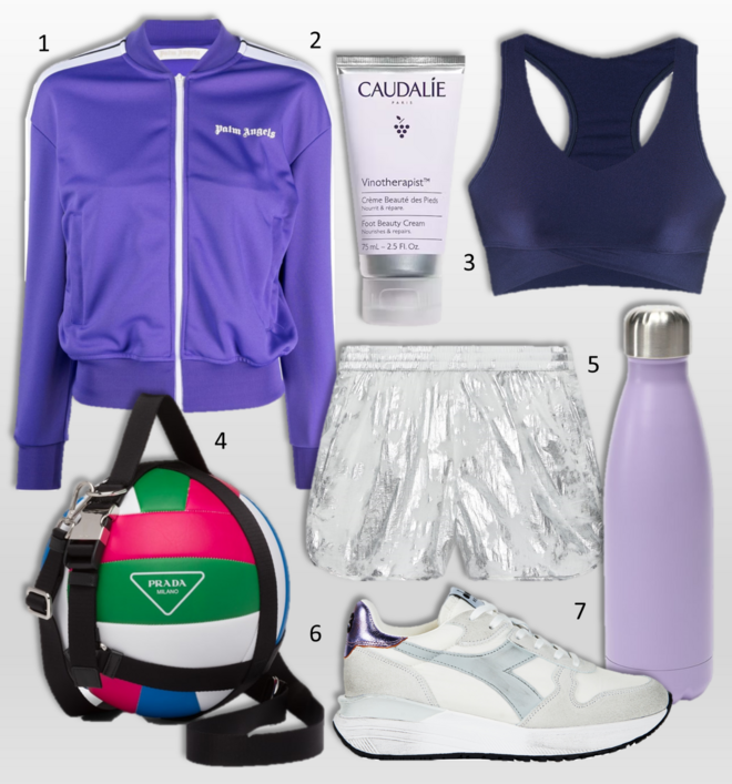 1. Blusão, €395, Palm Angels, na Stivali; 2. Creme de beleza dos pés Vinotherapist, 75ml, €10,50, Caudalíe; 3. Top Maya V2, €41,90, Cantê; 4. Bola de voleibol, €820, Prada; 5. Calções, €25,99, Oysho; 6. Ténis, €210, Diadora; 7. Garrafa térmica, 500ml, €9,99, Lefties. 