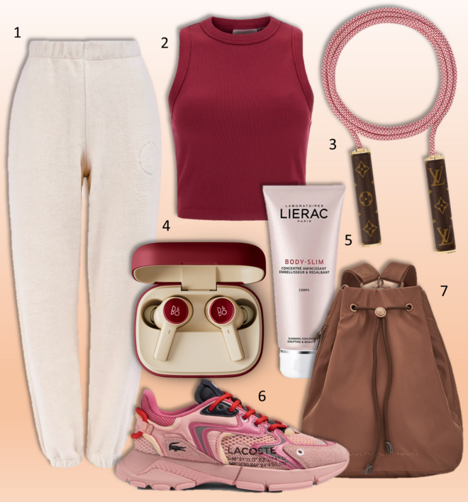 1. Calças Teddy, €69, Conscious; 2. Top, €35, Guess; 3. Corda de saltar Christopher, €565, Louis Vuitton; 4. Ear Phones sem fios Beoplay EX Lunar, €399, Bang & Olufsen; 5. Body Slim Concentrado Adelgaçante Embelezador e Remodelante, €44,90, Lierac; 6. Ténis L003 Neo, €130, Lacoste; 7. Mochila, €139, Adolfo Dominguez. 