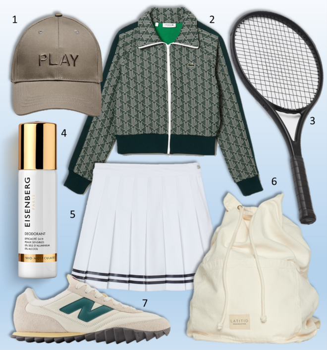 1. Boné, €16,99, Only Play; 2. Blusão, €170, Lacoste; 3. Raquete de ténis, €1650, Prada; 4. Desodorizante Trio-Molecular, €35, Eisenberg; 5. Saia, €24,99, H&M; 6. Mochila Travelpack C1, €48, Latitid; 7. Ténis RC30, €130, New Balance. 