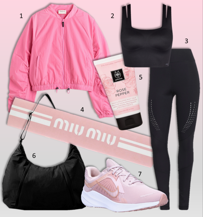 1. Blusão, €39,99, H&M; 2. Top Zero Feel Flow, €42,99, Sloggi; 3. Leggings Truepurpose, €120, Adidas by Stella McCartney; 4. Tapete de Yoga, €1200, Miu Miu; 5. Creme de corpo refirmante e remodelador Rose Pepper, 150ml, €14,74, Apivita; 6. Saco de yoga, €29,99, Oysho; 7. Ténis Quest 5, €74,99, Nike na Sport Zone. 