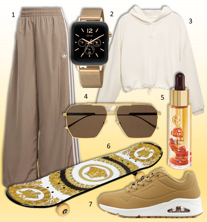 1. Calças oversize, €85, Adidas; 2. Smartwatch One Squadder, €139, One; 3, Sweatshirt, € 29,99, Oysho; 4. Óculos, €320, Bottega Veneta; 5. Óleo Infusion Rose Riche Crème, €39,95, Yves Rocher. 6. Skate, €590, Versace; 7. Ténis Uno, €90, Skechers. 