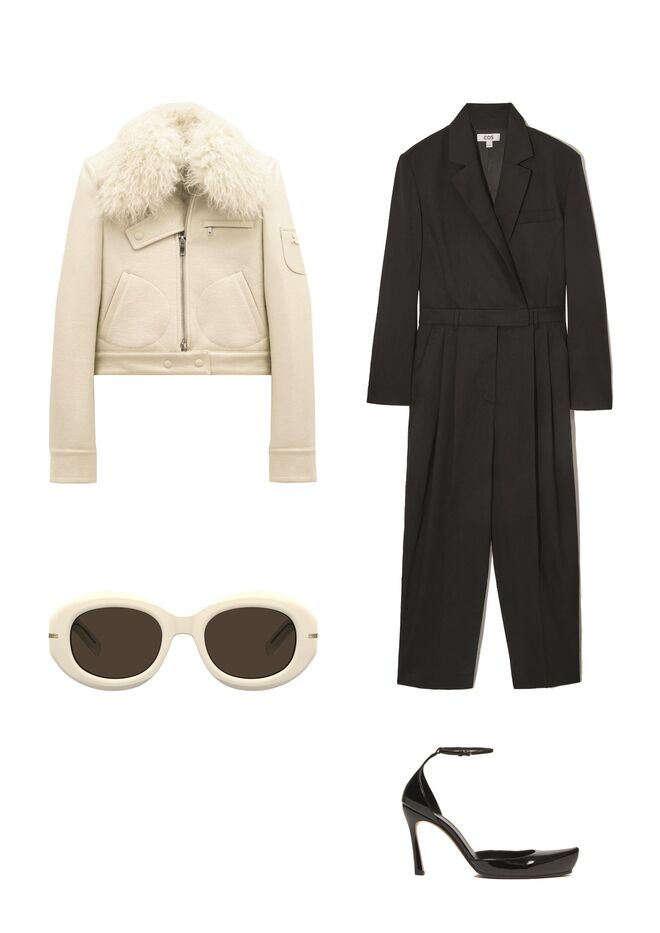 Look 1: Blusão em pele com pelo cabra da mongólia, €850, Courrèges; Macacão em algodão, €195, Cos; Óculos em massa, preço sob consulta, Boss; Sapatos em pele, €360, Sportmax.
