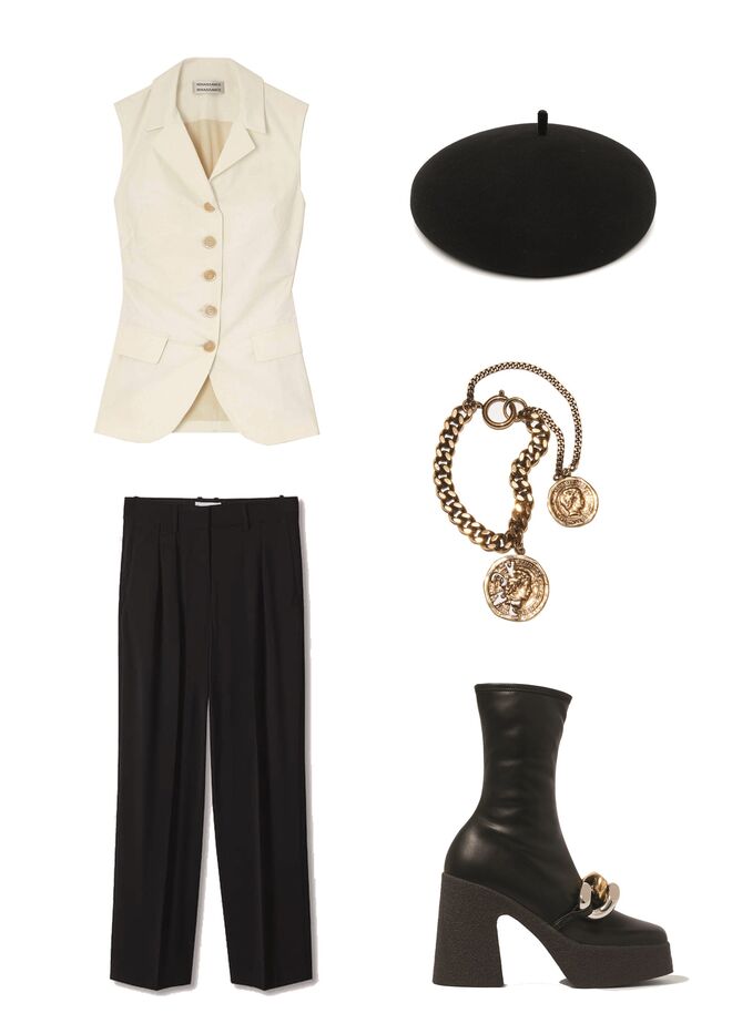 Look 4: Colete em algodão, €650, Renaissance em Netaporter.com; Calças em crepe, €69,99, Mango; Boina em lã feltrada, €365, Gigi Burris Milinery em Farfetch.com; Pulseira em aço, €240, Acne Studios; Botas em pele, €582, Stella McCartney.