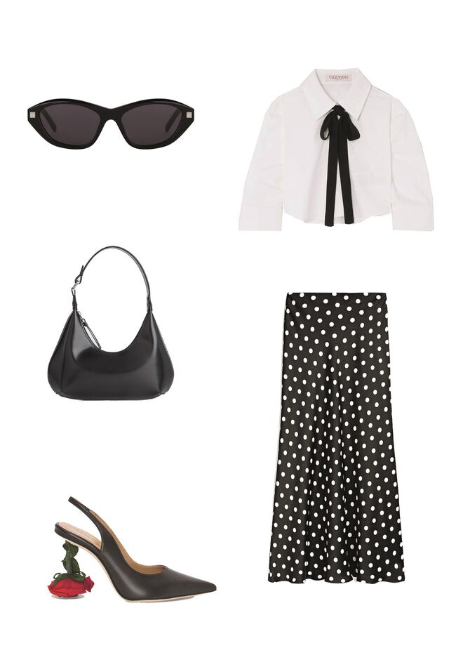 Look 2: Camisa em algodão com lenço em algodão, €790, Valentino em Netaporter.com; Saia em seda, €99,95, Massimo Dutti; Óculos em acetato, €190, Givenchy; Carteira em pele, €490, By Far; Sapatos em pele, €1400, Loewe.
