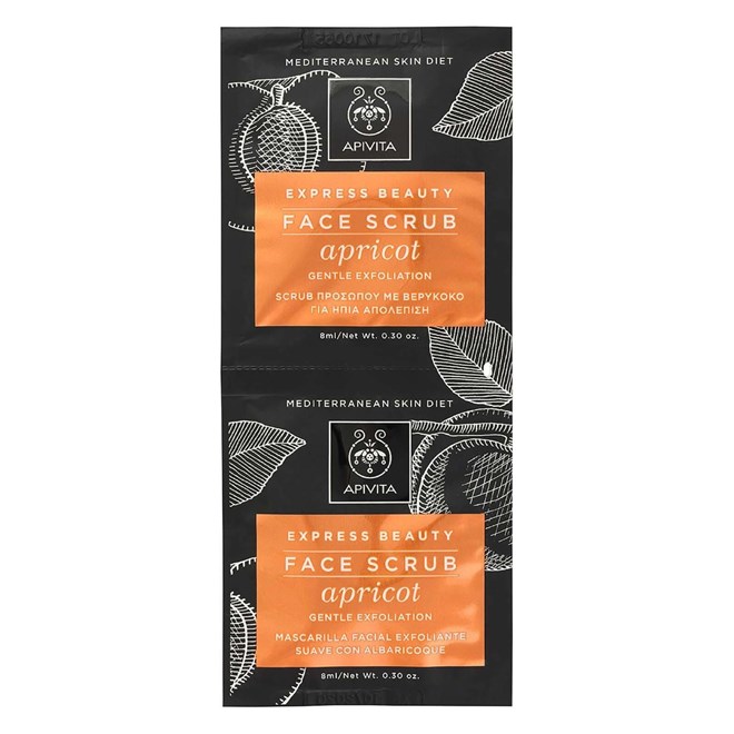 Escolha Máxima: Creme de rosto para esfoliação suave Apricot, duas saquetas de 8ml de utilização única, €3,50, Apivita.