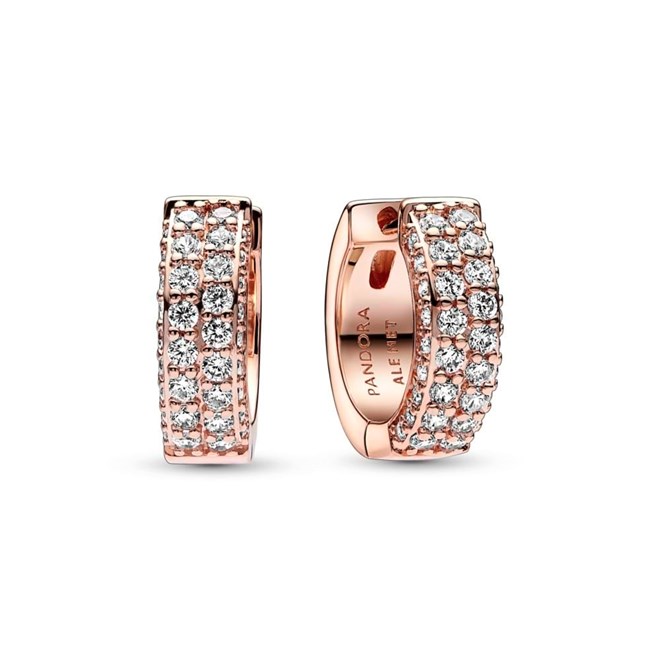 Argolas Timeless Pavé Double-row em liga com revestimento de ouro rosa 14k e zircónias, €99, Pandora.