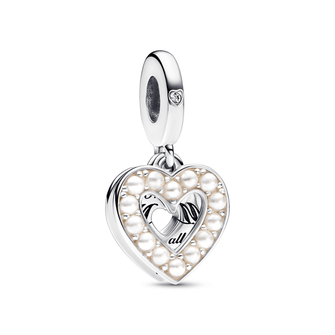 Conta-pendente Pearlescent White Heart Double Dangle Charm em prata 925, madrepérola man-made em bioresina e zircónias, €59, Pandora.