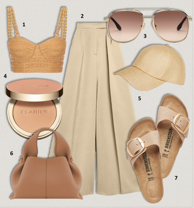 1. Top, €374, Elisabetta Franchi; 2. Calças, €525, Max Mara; 3. Óculos de sol, €340, Victoria Beckham; 4. Pó compacto Ever Matte , €43, Clarins; 5. Boné, € 9.99, Sfera; 6. Carteira Nùmero Neuf Mini, €320, Polène; 7. Sandálias Madrid Big Buckle, €110, Birkenstock.