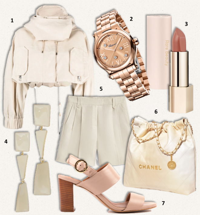 1. Blusão, €980, Jacquemus na Stivali; 2. Relógio Happy Sport, Chopard (preço sob consulta); 3. Batom kind Words, €18.99, Rare Beauty na Sephora; 4. Brincos, €39.95, Massimo Dutti Limited Edition; 5. Calções, €69.95, Massimo Dutti; 6. Carteira, €6350, Chanel; 7. Sandálias, €119.90, Zilian. 