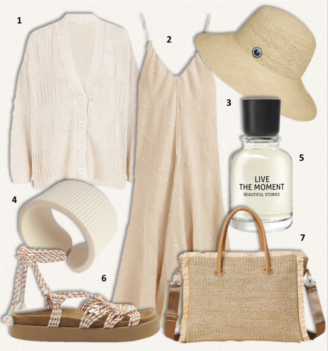 1. Cardigan Constança, €145, Benedita Formosinho; 2. Vestido, €149, Massimo Dutti Limited Edition; 3. Chapéu, €520, Hermès; 4. Pulseira Abraço, €82, Piino; 5. Eau de parfum Collection Live The Moment, 50ml, €34.95, Douglas; 6. Sandálias ncreking, €255, Ba&Sh (exclusivo online); 7. Carteira, €111, Twin set. 