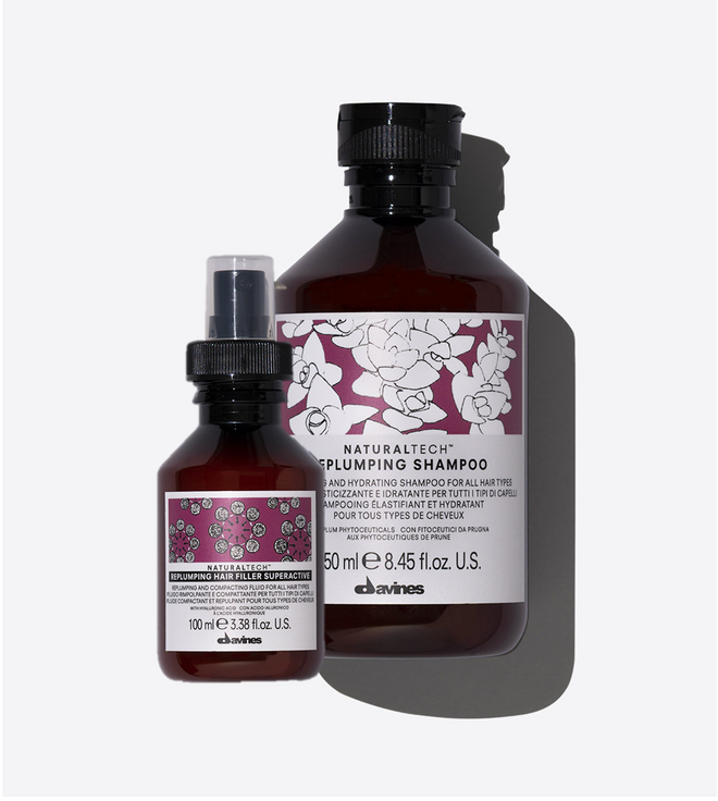 Sérum Replumping Hair- Filler Superactive, €34,80, e champô Replumping, €22.20, Davines.