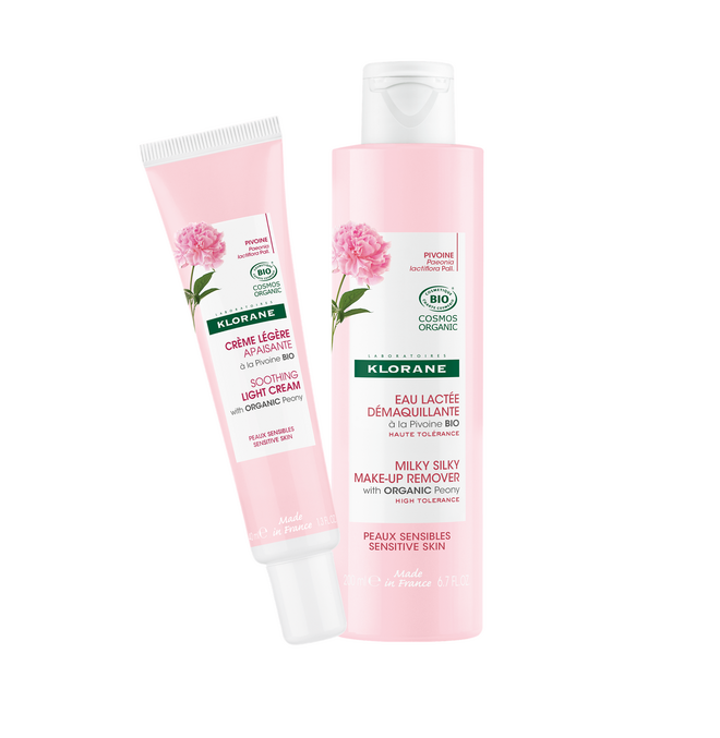 Creme ligeiro calmante Peónia, €17.57, e desmaquilhante leitoso e sedoso Peónia, €13.65, Klorane.