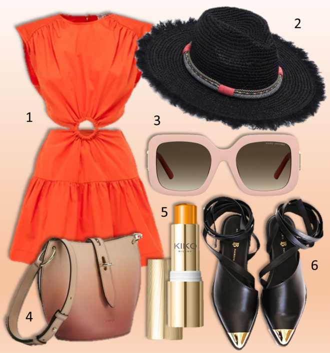 1.Vestido, €120, Jijil; 2. Chapéu, €58, Bimba Y Lola; 3. Óculos de sol, €169, Marc Jacobs; 4. Carteira Única, €345, Furla; 5. Batom Disney - The Little Mermaid, Spf 50, €13,99, Kiko; 6. Sapatos Stay Rooted, €180, Beatriz Pacheco. 
