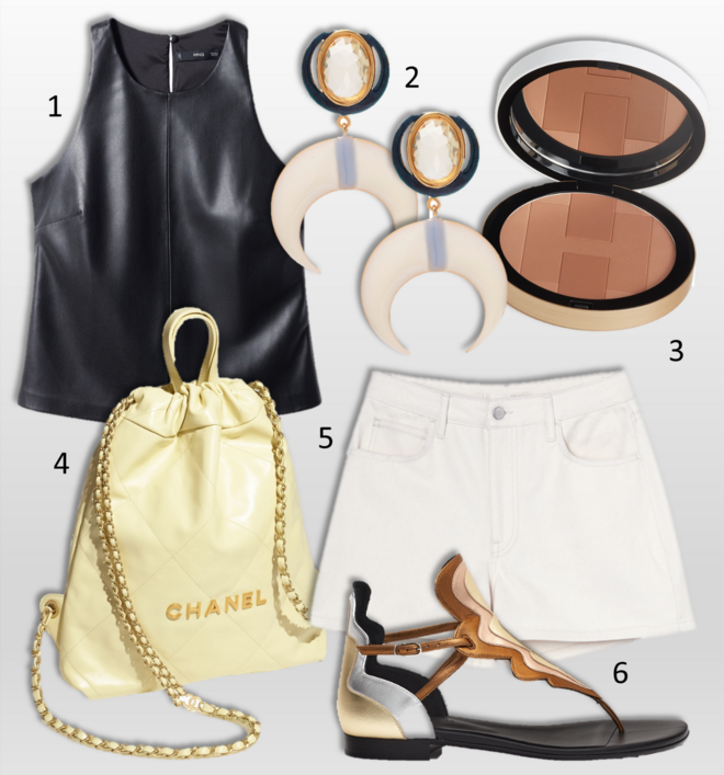 1.Top, €27,99, Mango; 2. Brincos Lua, €85, Rosana Bernardes; 3. Pó compacto Plein Air – H Trio Collection, €96, Hermès; 4. Mochila 22, €5500, Chanel; 5. Calções, €130, A LINE na Be We; 6. Sandálias, Hermès (preço sob consulta).