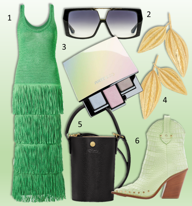 1.Vestido, €129,99, Simon Miller x Mango; 2. Óculos de sol, €695, Dita na Óptica Boavista; 3. Paleta de sombras Beauty Box Trio, €12,95, Artdeco, exclusivo na Perfumes & Companhia; 4. Brincos Caperata, €149, Joana Ribeiro; 5. Carteira Épure, €260, Longchamp; 6. Botas Fates, €558, Luís Onofre. 