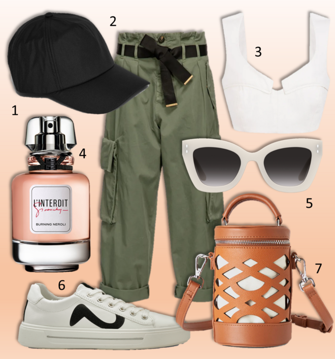 1.Boné, €35, COS; 2. Calças, €260, Pinko; 3. Top Havana, €50, Sienna; 4. Eau de parfum L’Interdit Édition Millésime Burning Neroli, 50ml, €112, Givenchy; 5. Óculos de sol, €230, Isabel Marant; 6. Ténis, €99,50, Ara Shoes; 7. Carteira, €49,95, Benetton.  