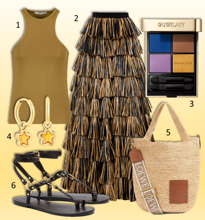 1.Top, €9,99, Easy Wear, no El Corte Inglés; 2. Saia, €1284, Elisabetta Franchi; 3. Paleta de sombras Ombres G 518 Summer Jean da coleção Floral denim, €78, Guerlain; 4. Argolas, €79, Tous; 5. Carteira Slit, €980, Loewe; 6. Sandálias, €195, Ba&Sh.