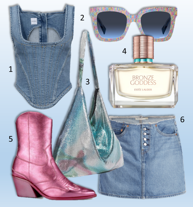 1.Top, €275, Pinko; 2. Óculos de sol, €279, Missoni; 3. Carteira, €49,99, Parfois (exclusivo online); 4. Eau Fraiche Bronze Goddess, 100ml, €71,63, Estée Lauder na Douglas; 5. Botas Glitter, €130, Carina Caldeira x Esc; 6. Saia, Levi’s (preço sob consulta).  