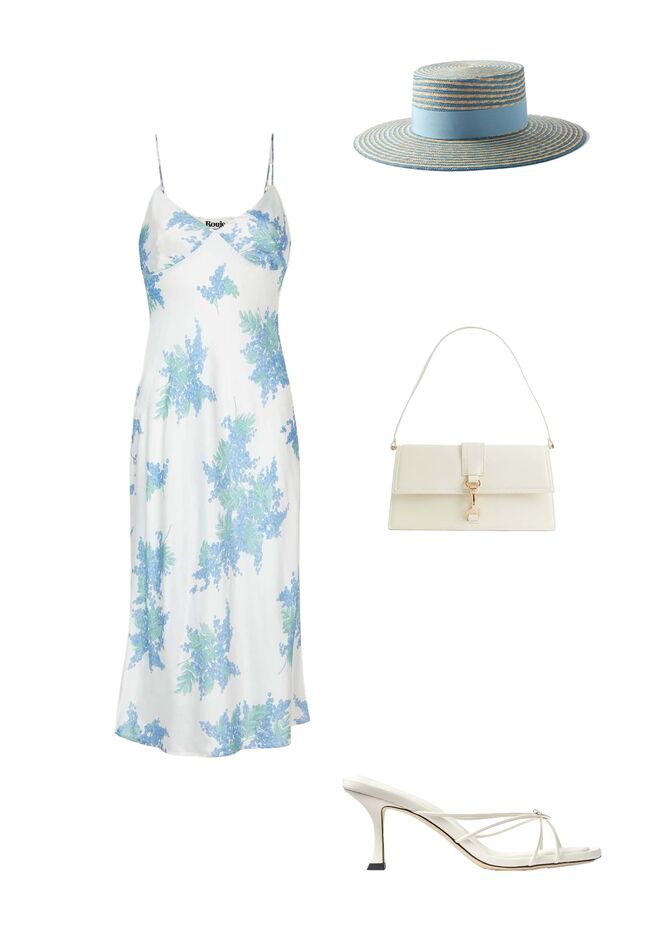 Vestido em cetim, €175, Rouje. Chapéu em ráfia, €450, Gucci em Matchesfashion.com. Carteira em polipepe, €24,99, H&M. Sandálias em pele, €725, Jimmi Choo em Farfetch.com.