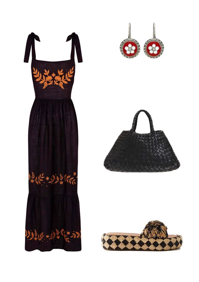 Vestido em algodão com bordados, agora €49,99, Cortefiel. Brincos em prata e esmalte, €39, Portuguese Jewels. Carteira em pele, €361, Dragon Diffusion em Luisaviaroma.com. Sandálias em juta, agora €255, Clergerie em Matchesfashion.com.