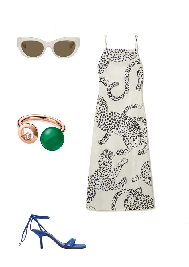 Vestido em algodão orgânico e voile, €145, Desmond & Dempsey + Net Sustain, em Netaporter.com. Óculos em massa, €75, Polaroid. Anél Happy Diamonds Planet, em ouro rosa 18 quilates com diamantes brancos, preço sob consulta, Chopard. Sandálias em camurça, €178,50, Bash.