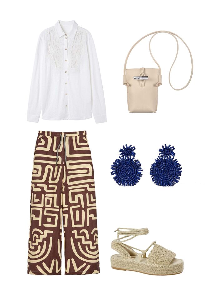 Camisa em linho e macramé, €74, Falconeri. Calças em algodão, €160, OAS. Brincos em missangas, €7,99, Parfois. Carteira Roseau Phone Case em pele, €150, Longchamp. Sandálias em ráfia, €24,99, Deichmann.