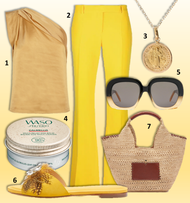 1. Top Lena, €39, Hoss Intropia; 2. Calças, €790, Alexander McQueen, na Stivali; 3. Medalha de S.Bento, €200, Tavares; 4. Bálsamo Waso S.O.S Multiusos, €25, Shiseido; 5. Óculos de sol, €270, Loewe; 6. Sandálias Theseus, €318,40, Luís Onofre; 7. Saco Ara, €295, Ba&Sh.