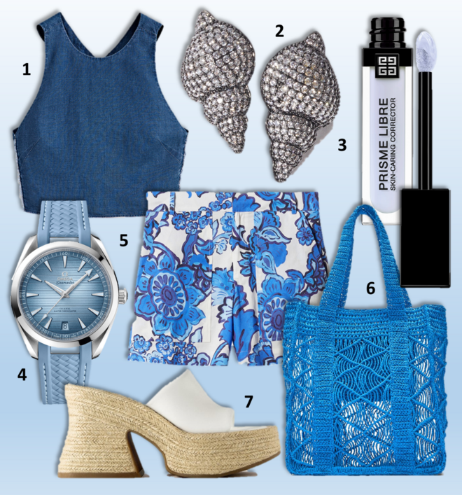 1. Top, €39,95, Massimo Dutti; 2. Brincos, €35,95, Parfois; 3. Corretor Prisme Libre Skin-Caring no tom azul, €39,01, Givenchy; 4. Relógio Seamaster Aqua Terra, €7000, Omega; 5. Calções, €17,99, Mango; 6. Saco, €29,95, Zara; 7. Sandálias, €59,95, Zara. 